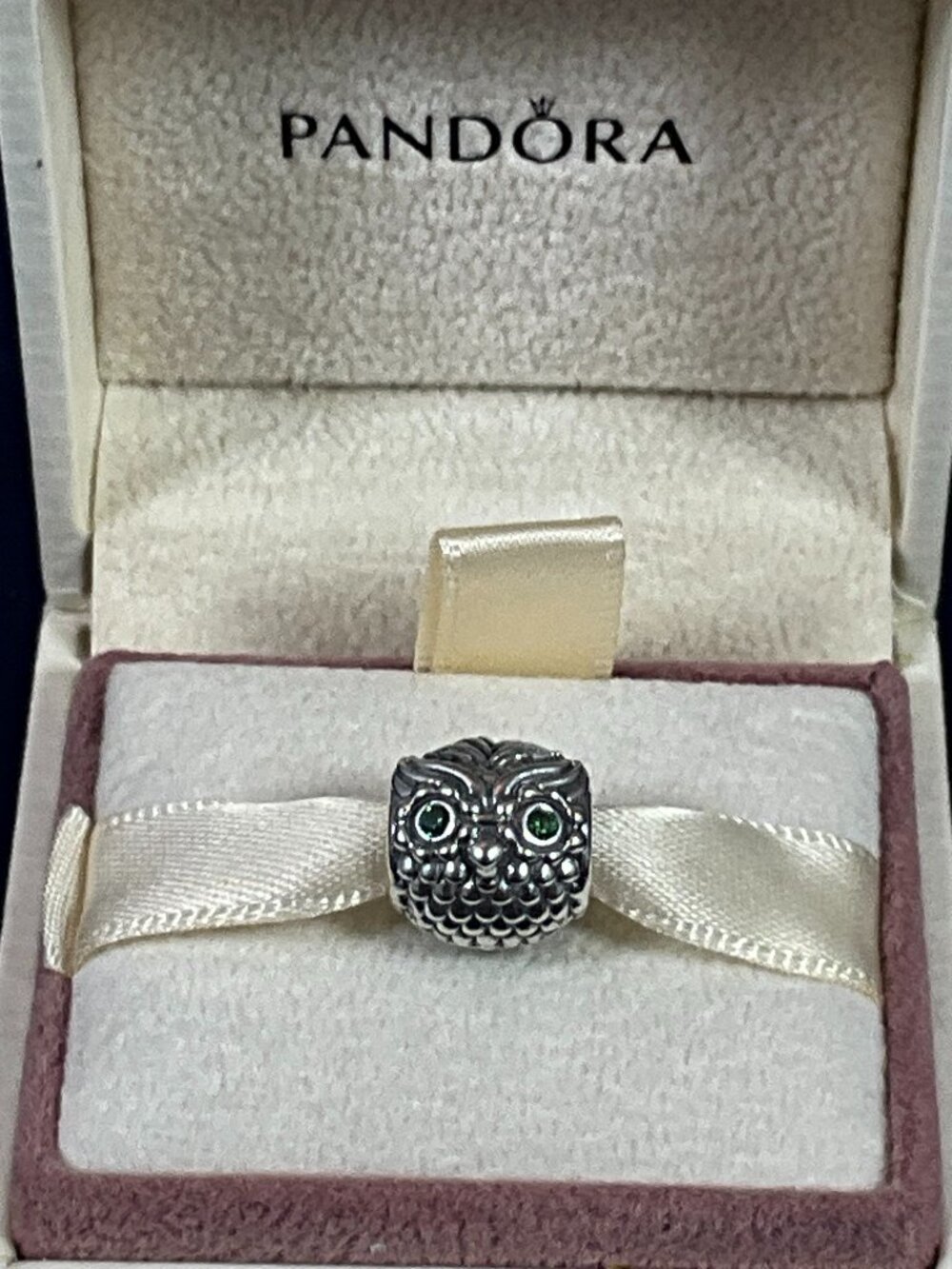 NWOT Pandora Sterling Silver RETIRED Wise Owl Charm with Green Eyes 791211CZN